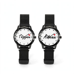 Customized Couple Watches with Names – Black Magnetic Chain 2 Pcs Gift Set