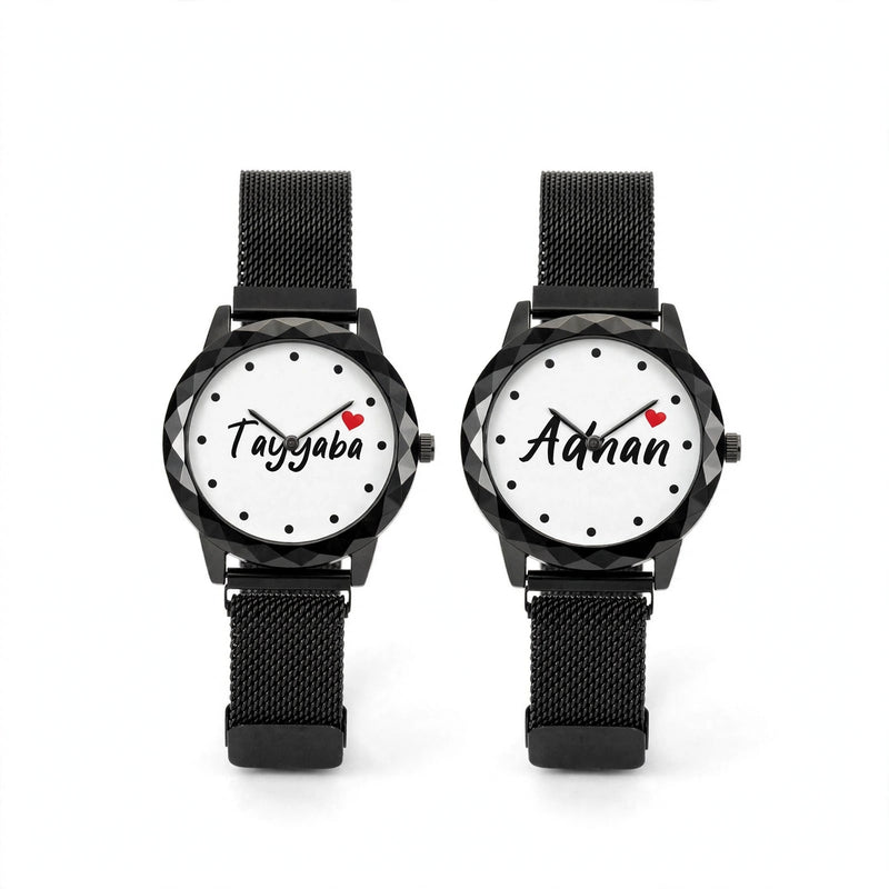 Customized Couple Watches with Names – Black Magnetic Chain 2 Pcs Gift Set
