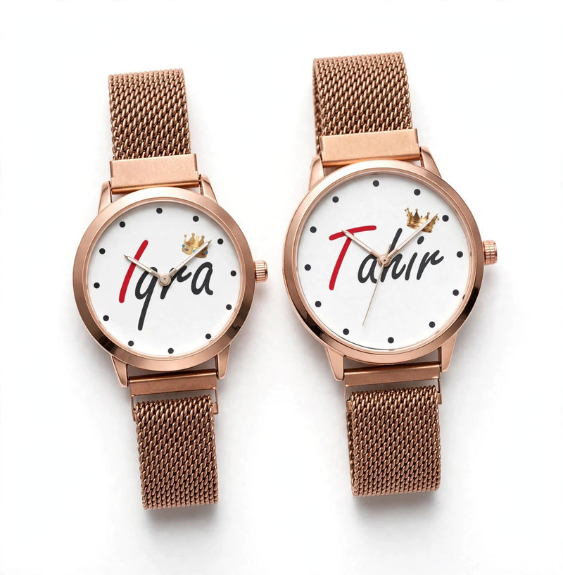 Customized Couple Watches with Names – Gold Mesh Chain 2 Pcs Gift Box Set