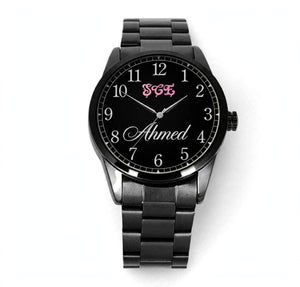 Customized Metal Chain Hand Watch – Black | Personalized Watch with Display Stand