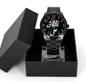 Customized Metal Chain Hand Watch – Black | Personalized Watch with Display Stand
