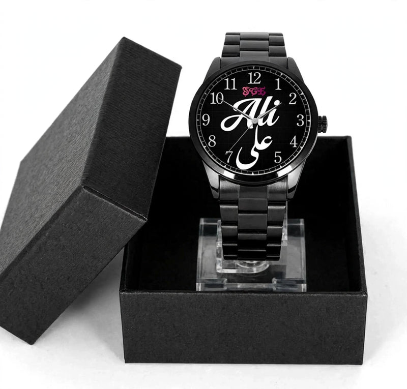 Customized Metal Chain Hand Watch – Black | Personalized Watch with Display Stand