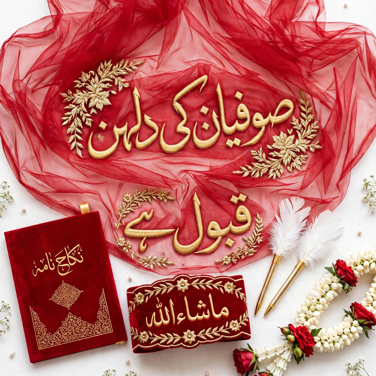 Luxury 5-in-1 Complete Nikah Package – Customized Urdu Embroidered Nikah Dupatta, Velvet Nikah Nama Booklet, Mashallah Arm Band, Feather Nikah Pens & Gajra Set