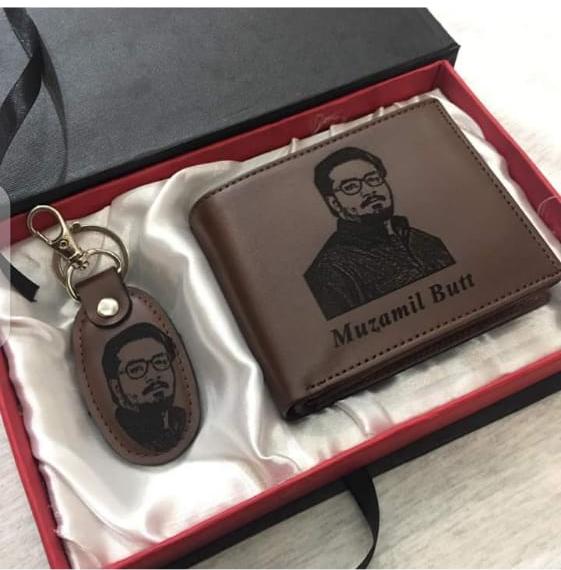 Custom Wallet And Keychain Picture, Name Engraved Gift Pack for Men - In Brown