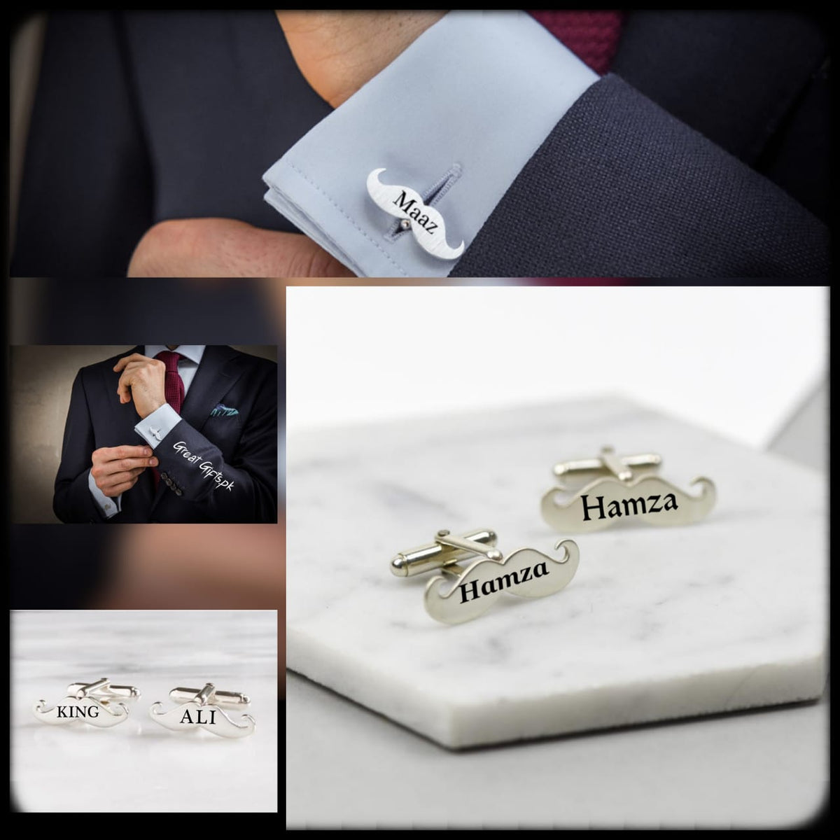 Mustache Name Engraved Cufflinks: (Free Custom Engraving)