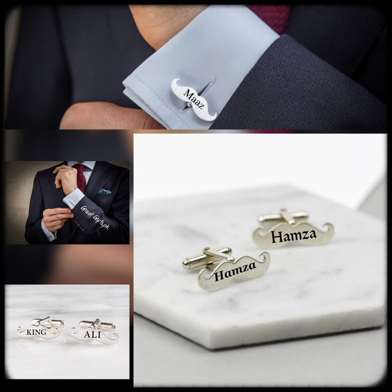 Mustache Name Engraved Cufflinks: (Free Custom Engraving)