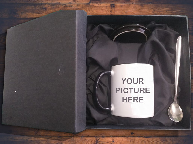 Customized Printed Mug With Lid And Spoon In A Gift Box, Picture Name Text Or Design