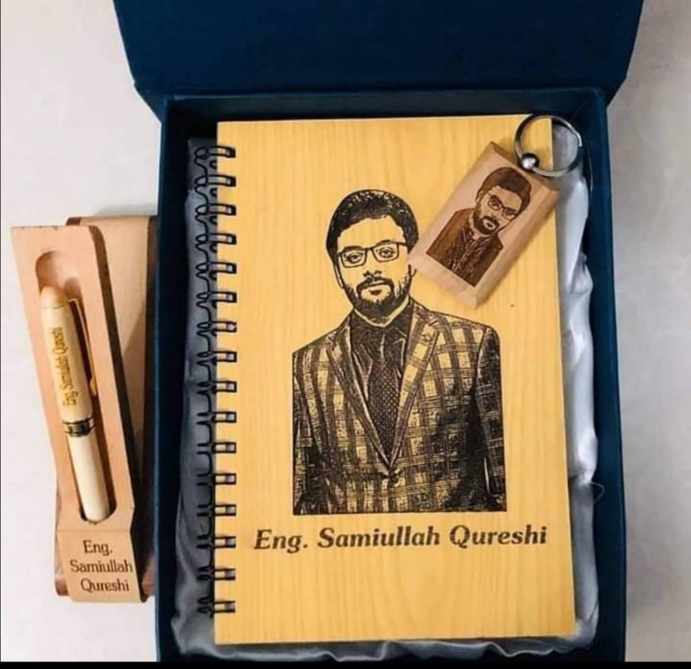 Customized Picture And Name Wooden Diary, Wooden Keychain And Wooden Pen Gift Box