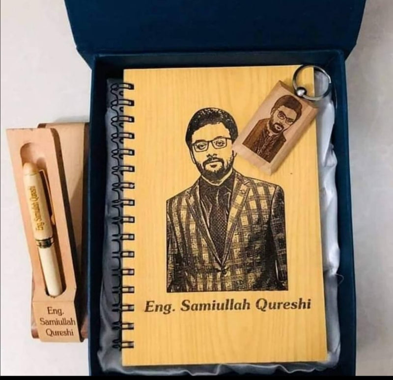 Customized Picture And Name Wooden Diary, Wooden Keychain And Wooden Pen Gift Box