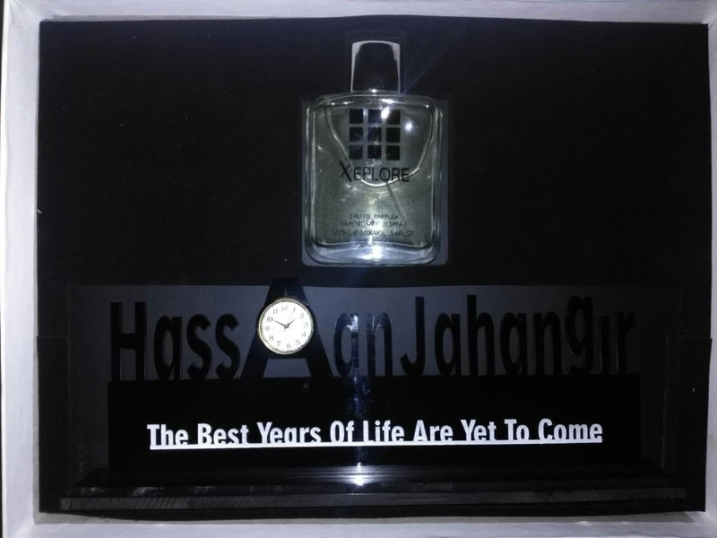 Customized Name Table Clock With Perfume - Gift Box
