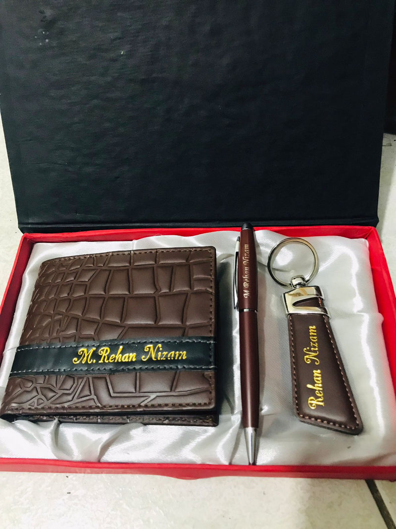 Name Printed Wallet Keychain And Pen - With Gift Box