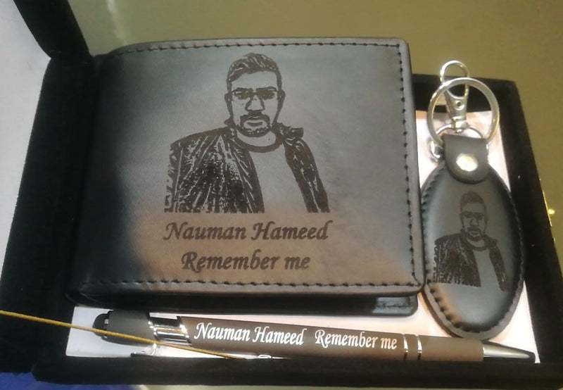 Custom Picture And Name Wallet Keychain And Pen With Gift Box – In Black Color
