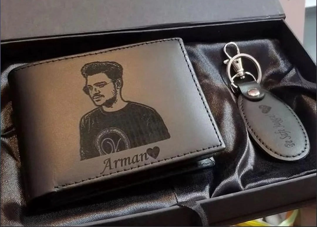 Custom Picture And Name Wallet Keychain With Gift Box – In Black Color