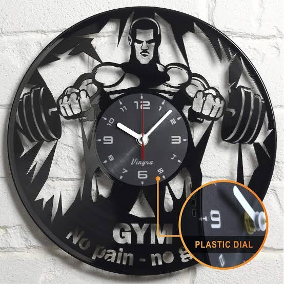 Gym Vinyl Acrylic Clock - Gym Wall Decor - Gym Gift Idea - Gym Wall Clock - Powerlifter Crossfit Home Room Bodybuilder Gym Gifts Gift Set Garage Gym Lover Theme Bodybuilding Wall Decor Art Clock Black