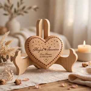 Personalized Wooden Heart Photo Frame with Engraving, Stand & Gift Box – 6x6 Inch