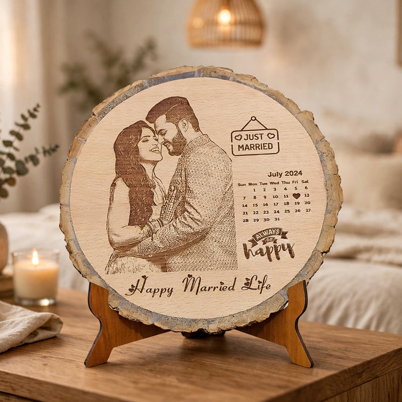 Personalized Engraved Wooden Slice Frame with Stand – Custom Photo Calendar Gift