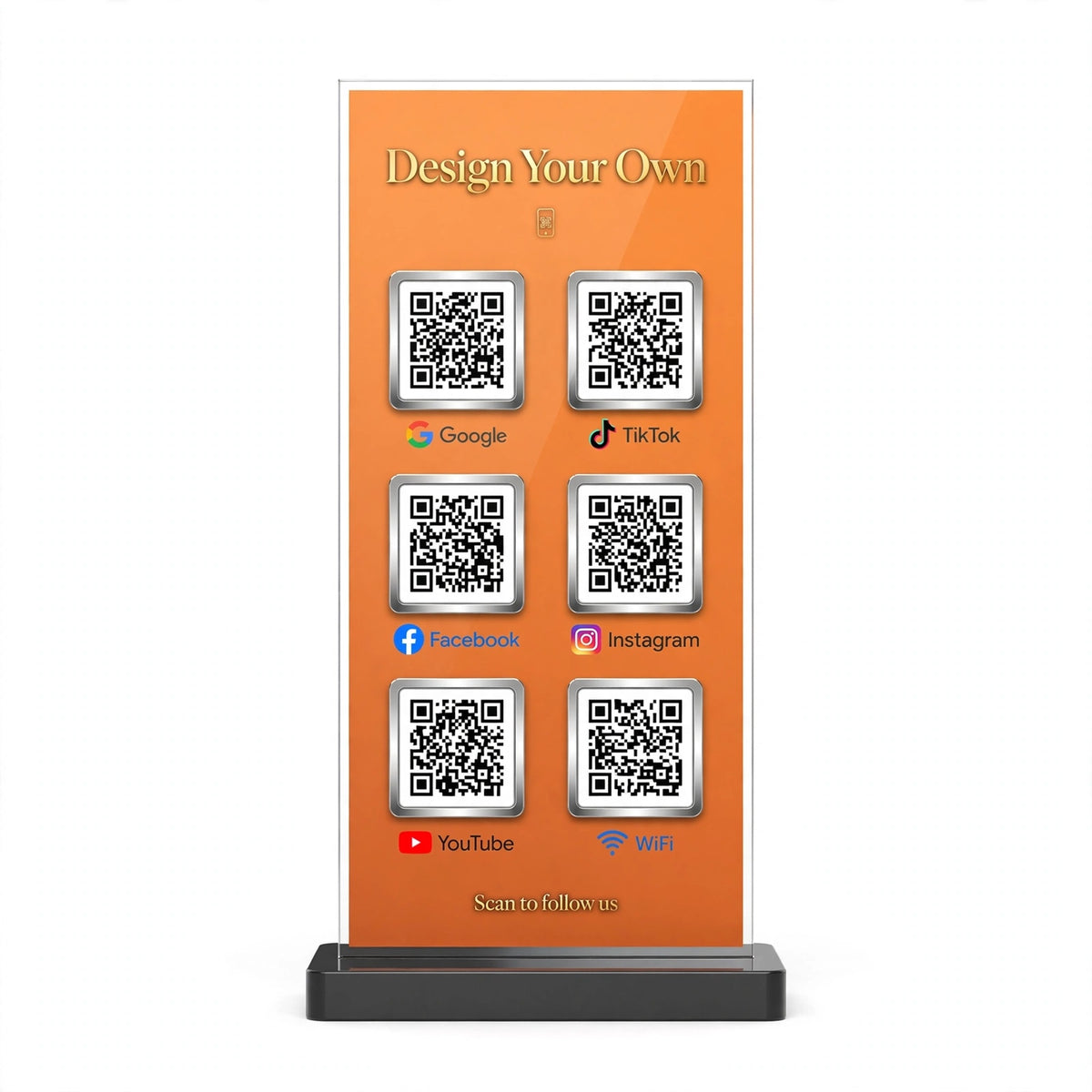 Custom 6-in-1 QR Code Social Media Stand – Google, TikTok, Facebook, Instagram, YouTube & WiFi