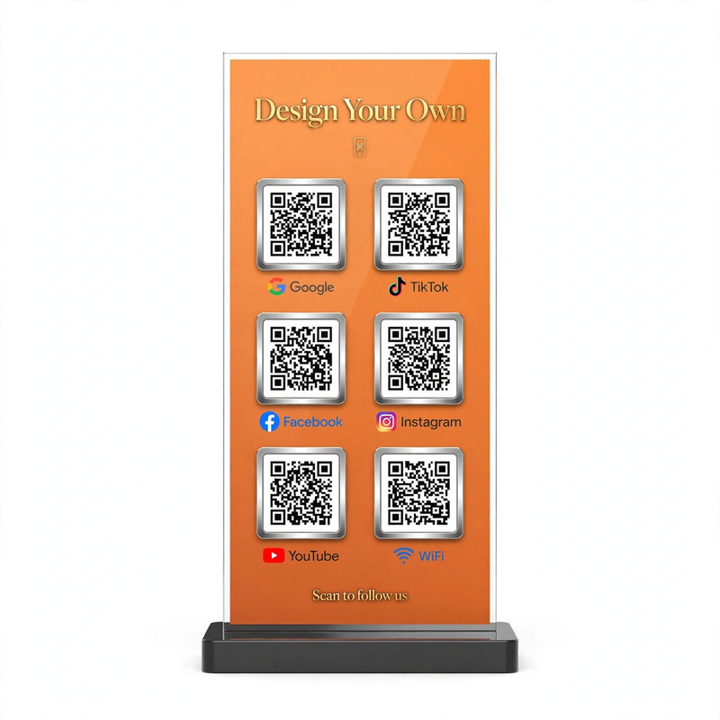 Custom 6-in-1 QR Code Social Media Stand – Google, TikTok, Facebook, Instagram, YouTube & WiFi