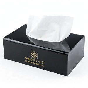 Customized Black Acrylic Tissue Box Holder – Personalized Gold Logo | Luxury Glossy Tissue & Napkin Box