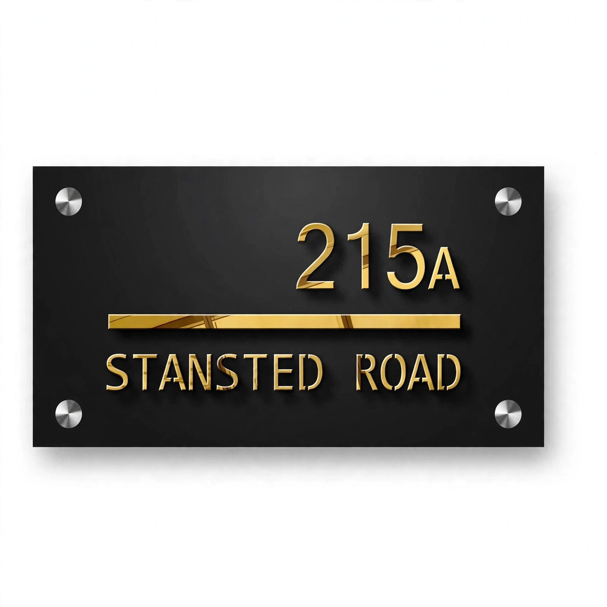 Custom Acrylic House Name Plate – 215A House Number Plate with Gold 3D Letters | 12×6 Inches Black Glossy