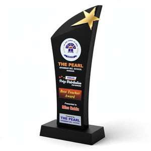 Premium Black Acrylic Gold Star Trophy – Custom Teacher & School Award Shield | Pakistan