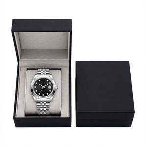 Midnight Black Diamond Dial Luxury Silver Stainless Steel Date Watch with Jubilee Chain – Premium Gift Box