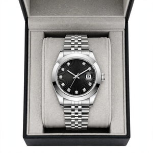 Midnight Black Diamond Dial Luxury Silver Stainless Steel Date Watch with Jubilee Chain – Premium Gift Box