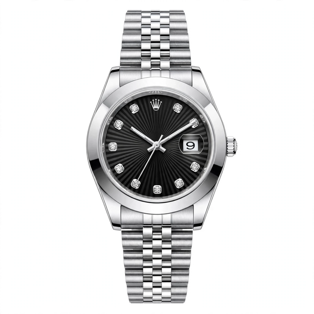 Midnight Black Diamond Dial Luxury Silver Stainless Steel Date Watch with Jubilee Chain – Premium Gift Box