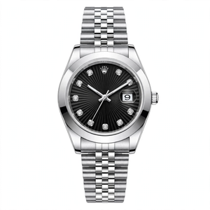 Midnight Black Diamond Dial Luxury Silver Stainless Steel Date Watch with Jubilee Chain – Premium Gift Box