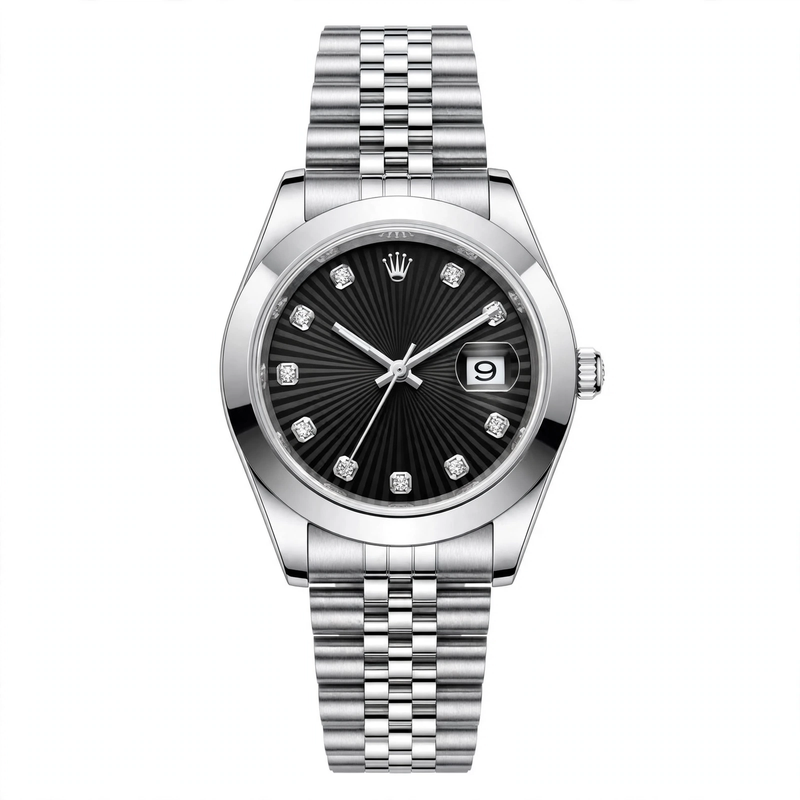 Midnight Black Diamond Dial Luxury Silver Stainless Steel Date Watch with Jubilee Chain – Premium Gift Box