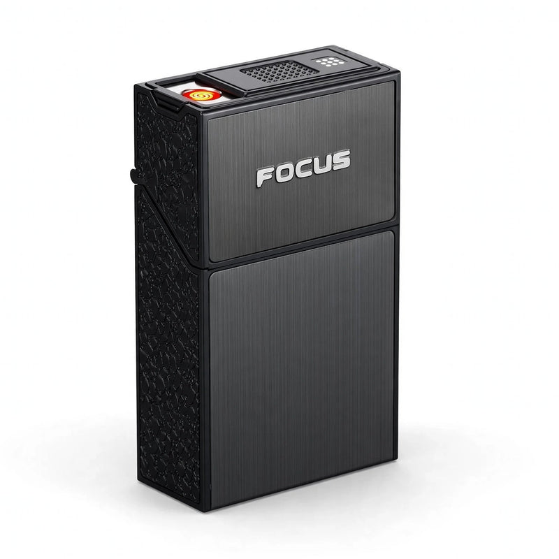 Pop-Up Cigarette Case with Electric Lighter – Black Square Button Model