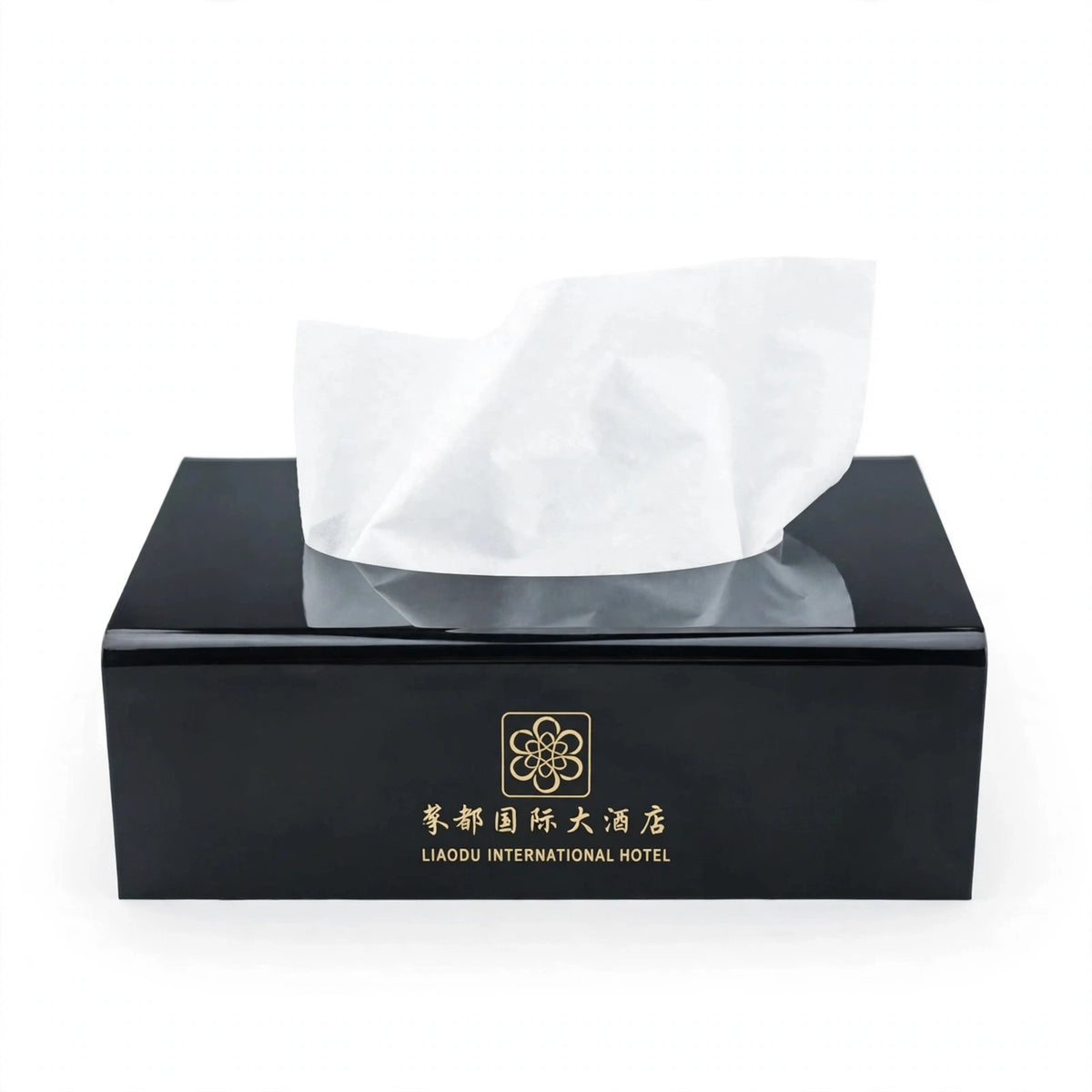 Customized Black Acrylic Tissue Box Holder – Personalized Gold Logo | Luxury Glossy Tissue & Napkin Box