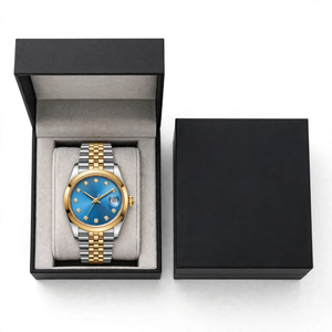 Ocean Blue Diamond Dial Luxury Two-Tone Gold & Silver Stainless Steel Date Watch with Jubilee Chain – Premium Gift Box