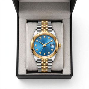 Ocean Blue Diamond Dial Luxury Two-Tone Gold & Silver Stainless Steel Date Watch with Jubilee Chain – Premium Gift Box