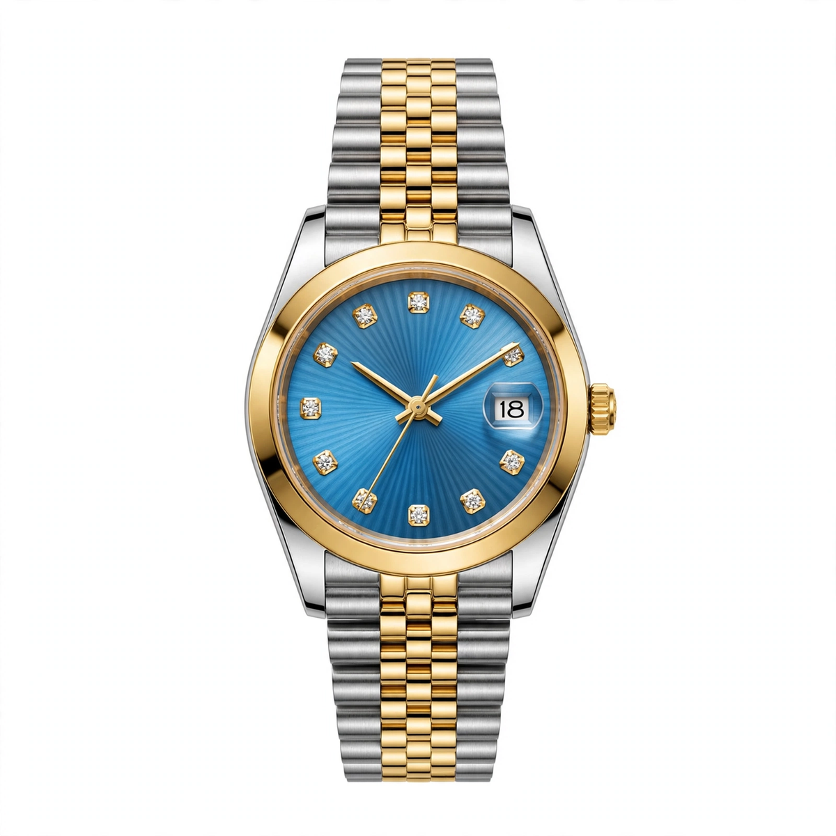 Ocean Blue Diamond Dial Luxury Two-Tone Gold & Silver Stainless Steel Date Watch with Jubilee Chain – Premium Gift Box