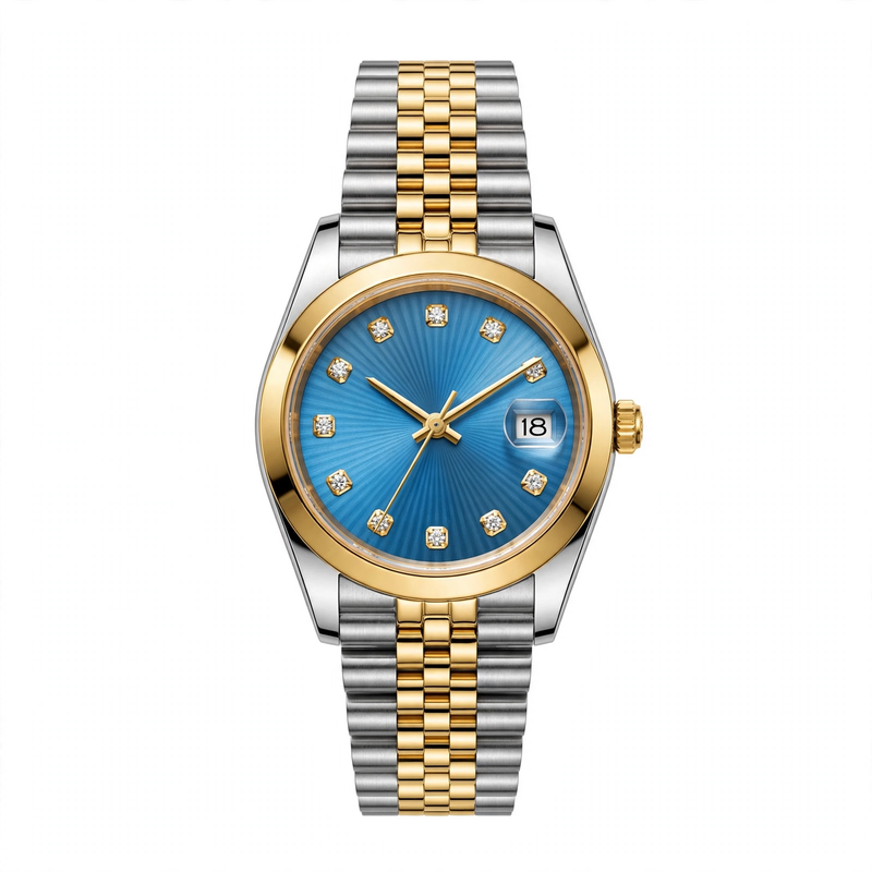 Ocean Blue Diamond Dial Luxury Two-Tone Gold & Silver Date Watch – Jubilee Chain | Pakistan