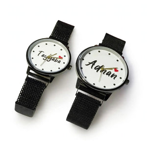 Customized Couple Watches with Names – Black Magnetic Chain 2 Pcs Gift Set