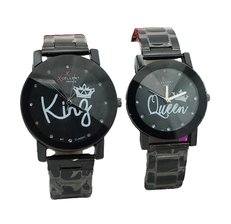 Customized Couple Metal Chain Hand Watches – Black Pair | Personalized His & Hers Watches with Stand