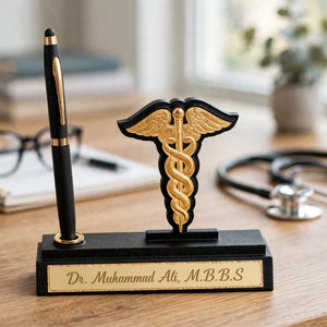 Personalized Solid Wooden Table Name Plate with Pen Holder – Custom Name | Pakistan