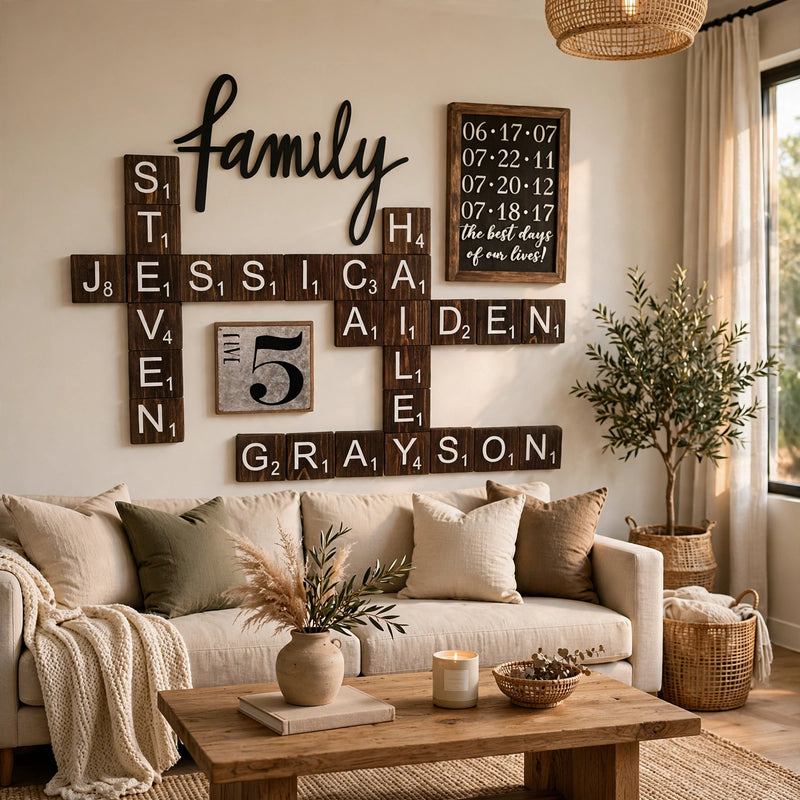 Personalized Scrabble Wall Art Tiles – Custom Letters Lasani Wood | Home Decor Pakistan