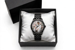 Customized Photo Watch for Men – Black Chain | Personalized Photo Gift Box with Floral Background