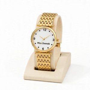 Customized Gold Metal Chain Hand Watch for Men & Women – Personalized Watch with Stand