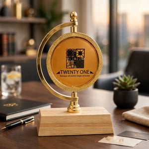 Personalized Golden Globe Trophy with Wooden Base – Rotating Metal Corporate Award | Pakistan