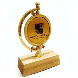 Personalized Golden Globe Trophy with Wooden Base – Rotating Metal Corporate Award | Pakistan