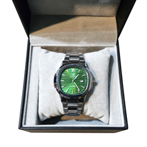 Emerald Wave Luxury Green Dial Watch for Men – Silver Stainless Steel with Gift Box