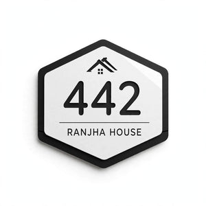 Modern Hexagonal Acrylic House Name Plate – 12×12 Inches | Custom House Number & Name | White & Black Personalized Home Entrance Sign