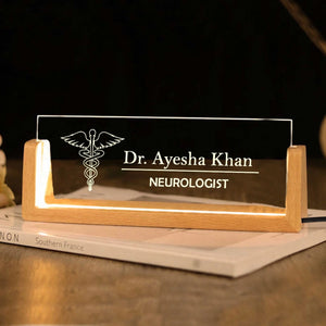 Personalized LED Table Sign with Solid Wooden Base – Custom Name & Logo | Office Pakistan