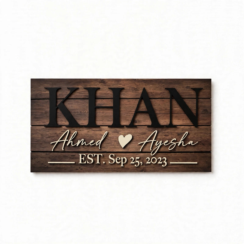Customized Solid Wooden Engraved & 3D Family Name Sign | Personalized Couple Name & Established Date Wooden Wall Decor