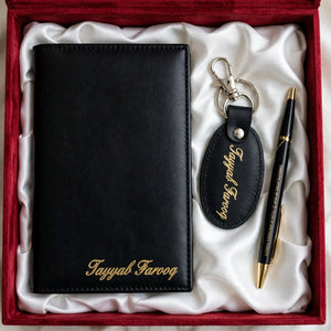 Personalized Black Long Wallet, Keychain & Pen Gift Set – Custom Name | Pakistan