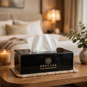 Customized Black Acrylic Tissue Box Holder – Personalized Gold Logo | Luxury Glossy Tissue & Napkin Box